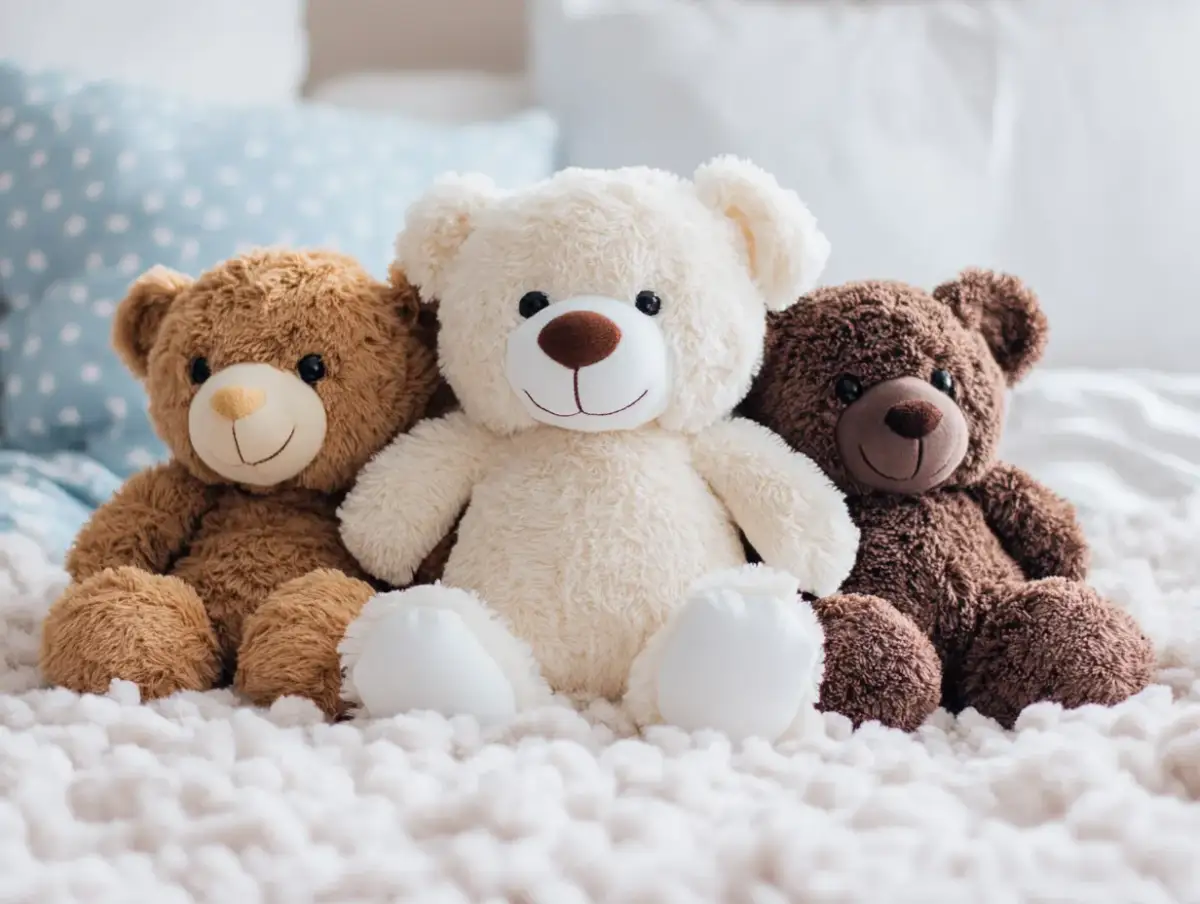Trzy pluszowe misie, jasny, brązowy i ciemnobrązowy, siedzą obok siebie. Idealne misie dla dzieci na przytulanki.