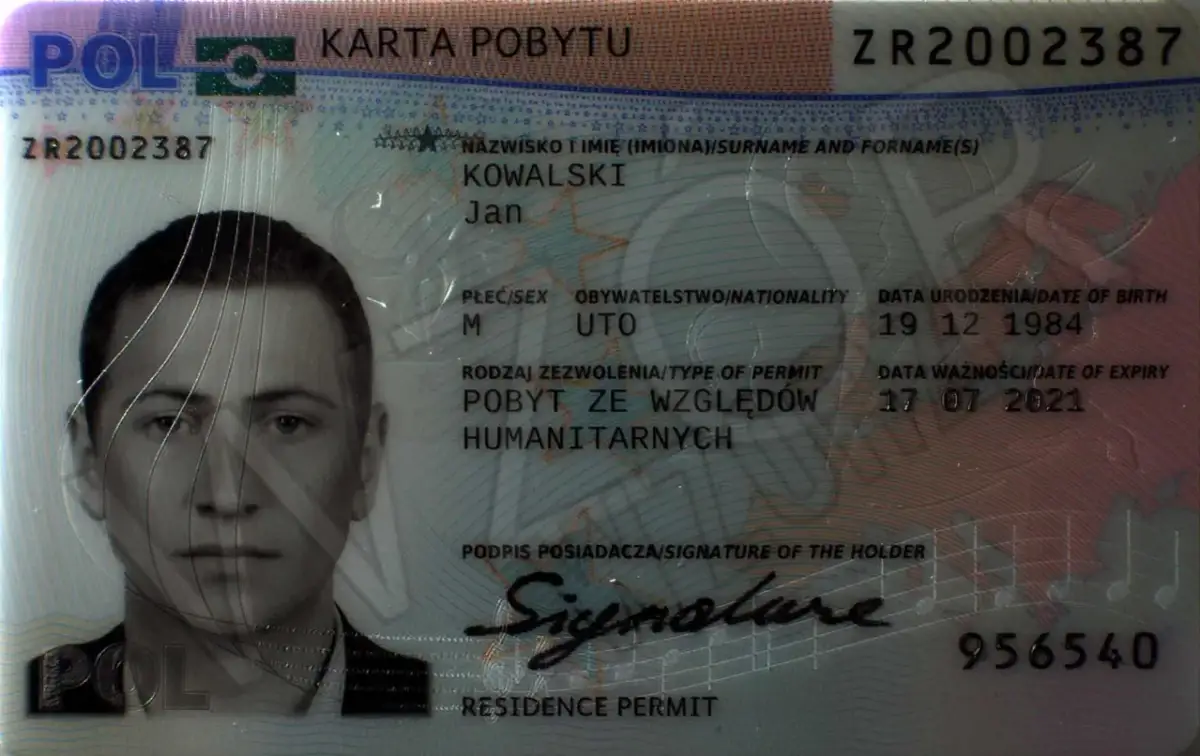 Karta pobytu Jana Kowalskiego, seria ZR2002387, wydana ze względów humanitarnych.
