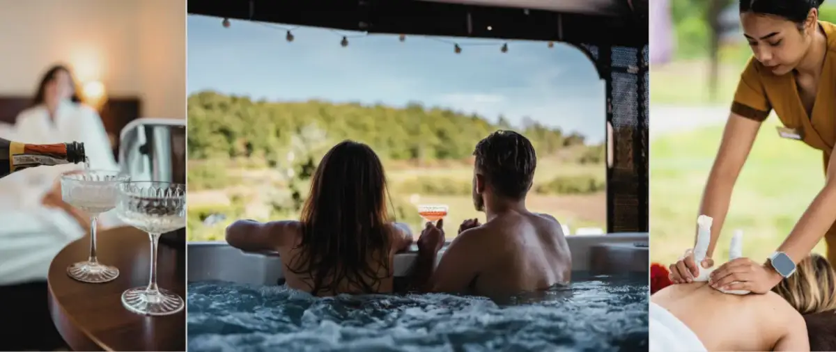 Para w jacuzzi, szampan i masaż.