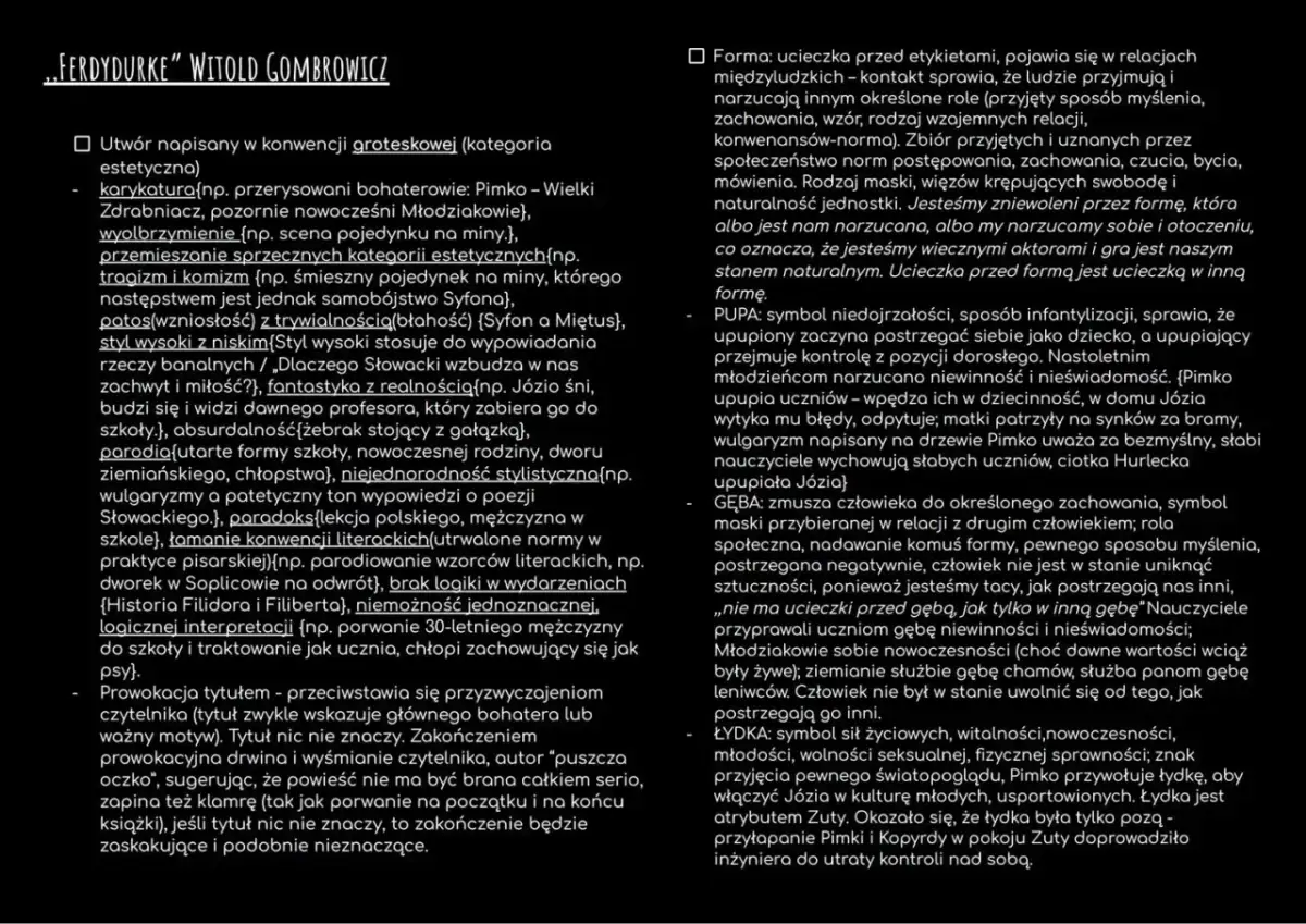 Groteska w Ferdydurke: karykatury, wyolbrzymienia, absurd, parodia i łamanie konwencji literackich tworzą obraz świata, gdzie forma jest ucieczką.