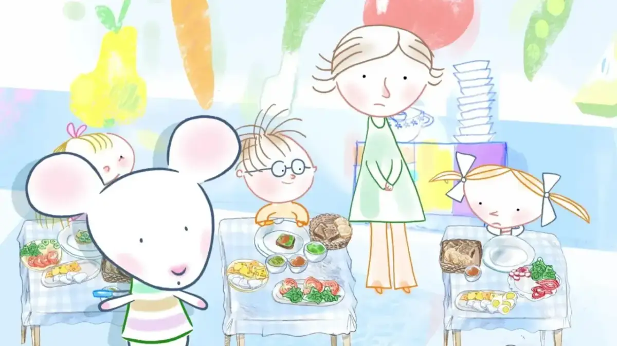 Mysia i jej przyjaciele jedzą posiłek. To scena z wartościowych bajek dla dzieci, która pokazuje, jak ważne jest wspólne spożywanie posiłków.