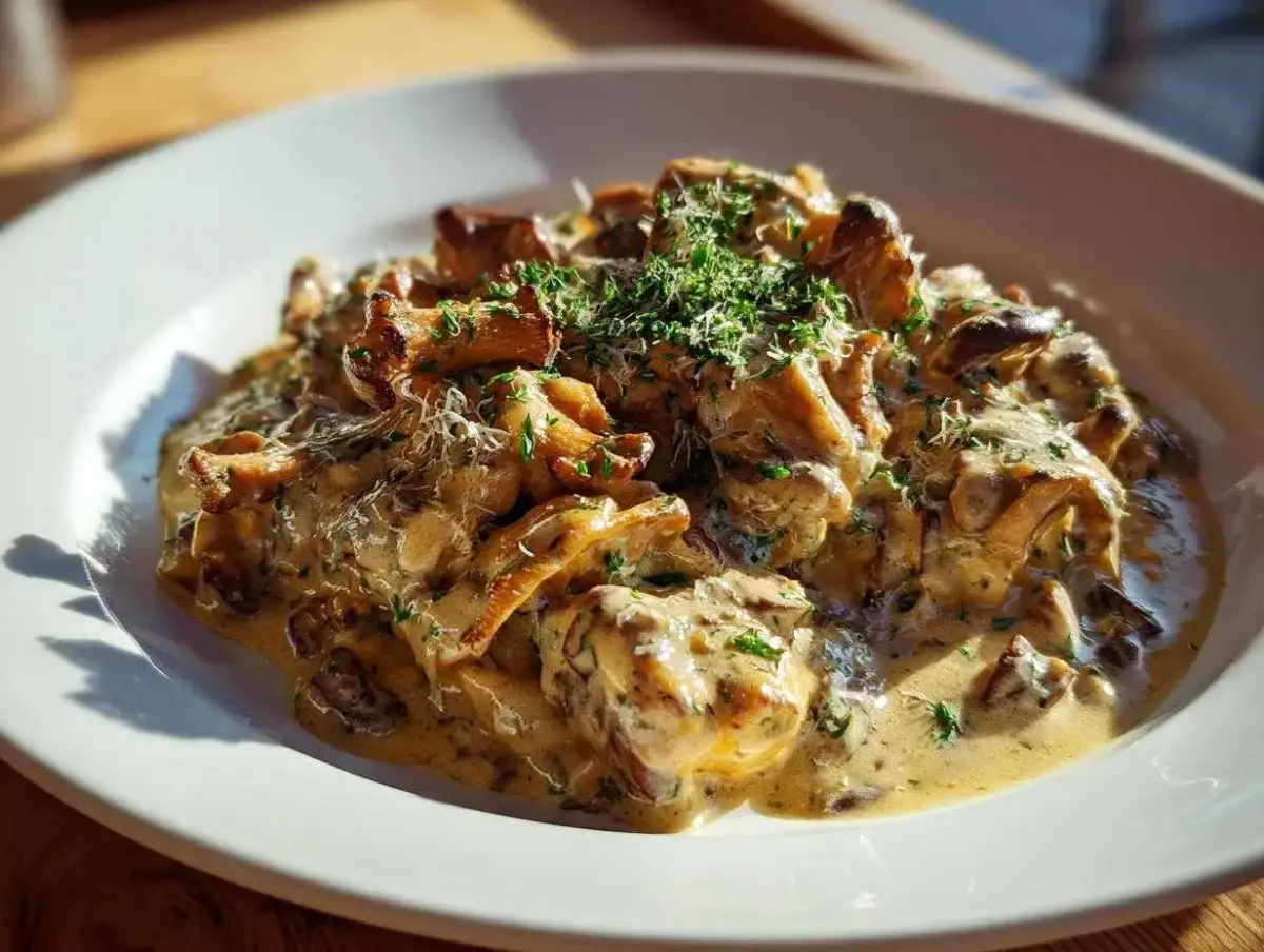 Pyszny sos kurkowy w kremowym sosie, posypany ziołami. Idealny do makaronu, ziemniaków lub jako dodatek do mięsa.