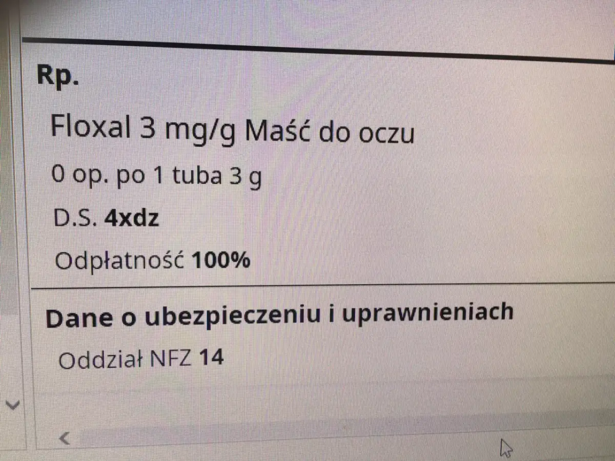 Fragment recepty na maść do oczu Floxal 3 mg/g, z informacją o dawkowaniu i odpłatności 100%.