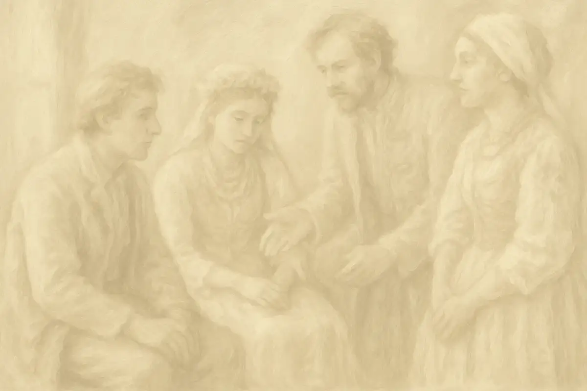 Cztery postacie w pastelowych barwach, przypominające scenę z **mitów narodowych w weselu**. Młoda para i starsi, być może rodzice, w skupieniu.