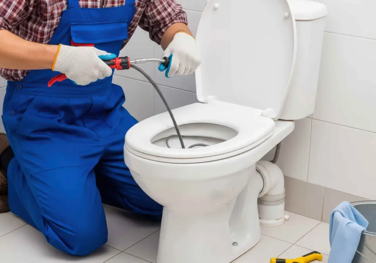 Instalator w niebieskim ogrodniczkach używa przepychacza do udrożnienia rury odpływowej WC.