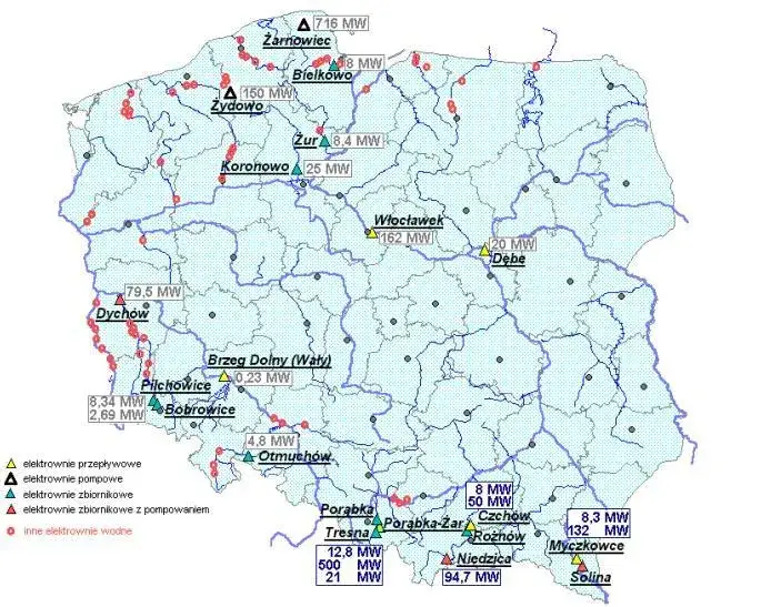Mapa przedstawia teren na którym zostanie wybudowana elektrownia wodna i jej wpływ na środowisko