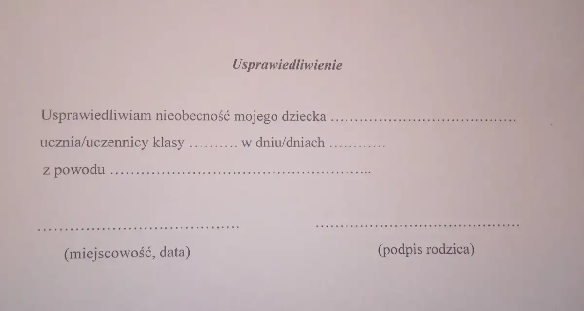 Szablon usprawiedliwienia nieobecności ucznia z powodu choroby. Wypełnij dane dziecka, daty i powód.