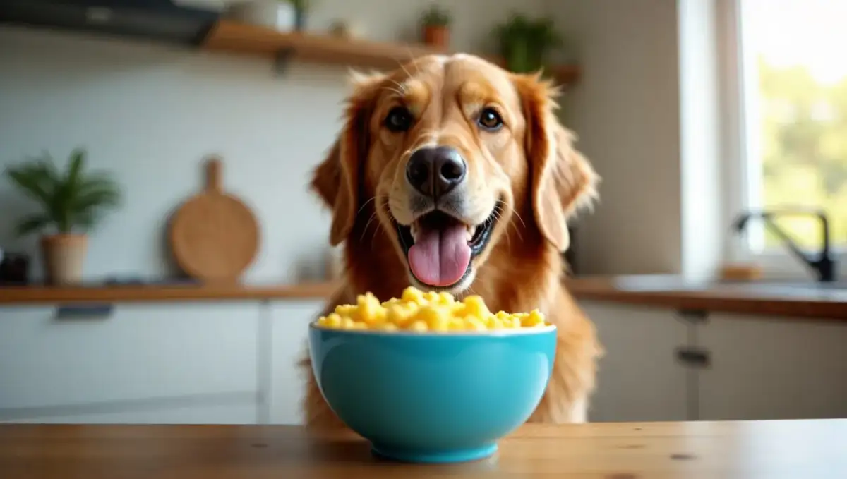Złoty retriever z językiem na wierzchu patrzy na miskę jajecznicy. Czy pies może jeść jajko? Tak, w umiarkowanych ilościach.