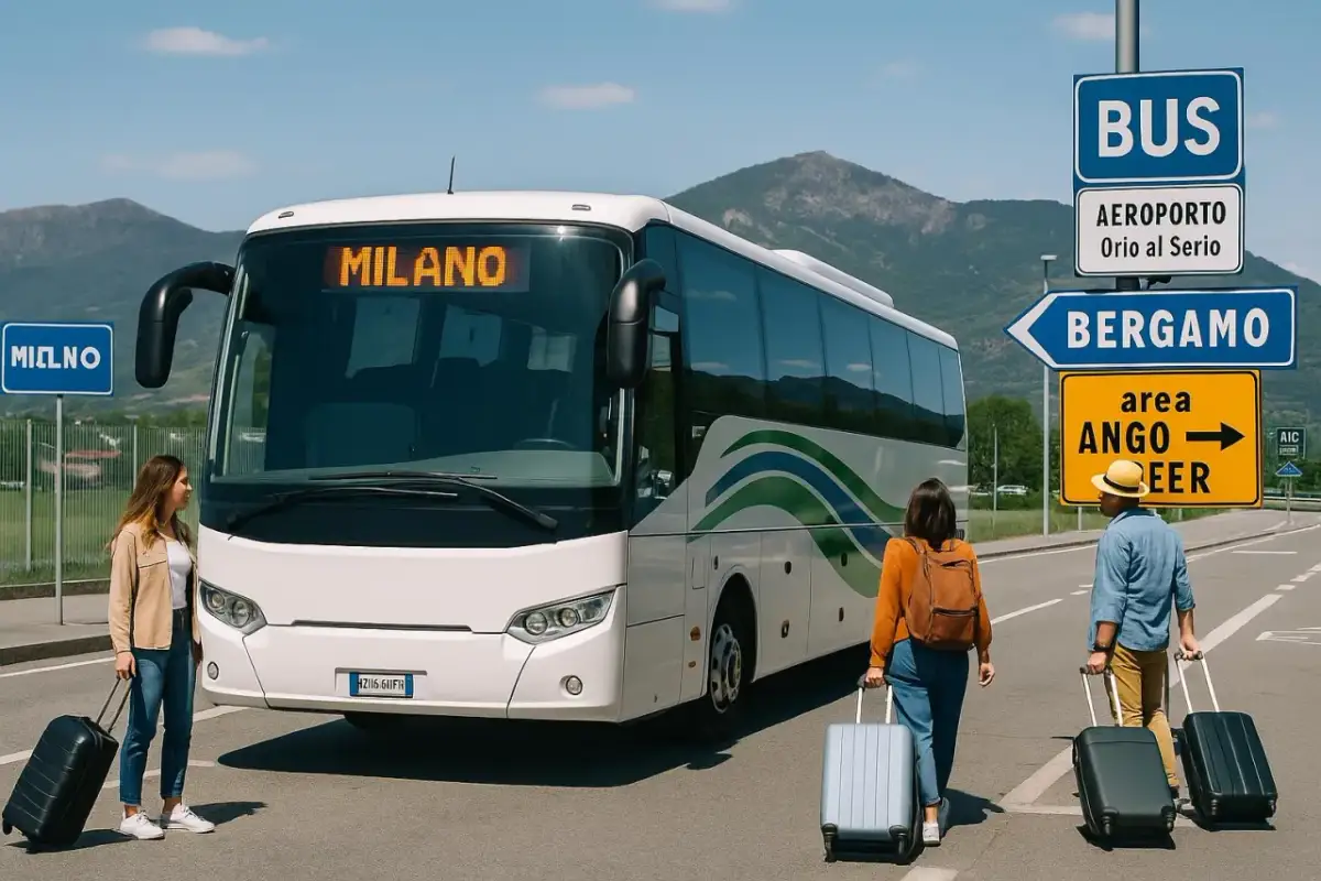 Autobus do Mediolanu i drogowskaz na Bergamo. Dwie osoby z walizkami czekają na transport.