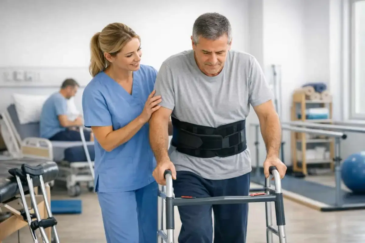 Fizjoterapeutka wspiera pacjenta w ortezie lędźwiowej podczas nauki chodzenia z balkonikiem. To kluczowe ćwiczenia po złamaniu kręgosłupa lędźwiowego.