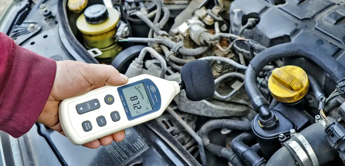 Ręka trzyma miernik dźwięku przy silniku. Czy to ceratec czy ceramizer, hałas jest mierzony.