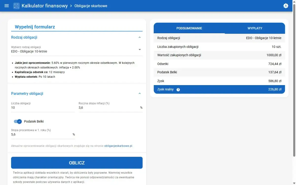 Kalkulator finansowy pokazuje, ile zarobię na lokacie 10-letniej EDO. Podsumowanie zawiera dane o odsetkach, podatku Belki i zysku.