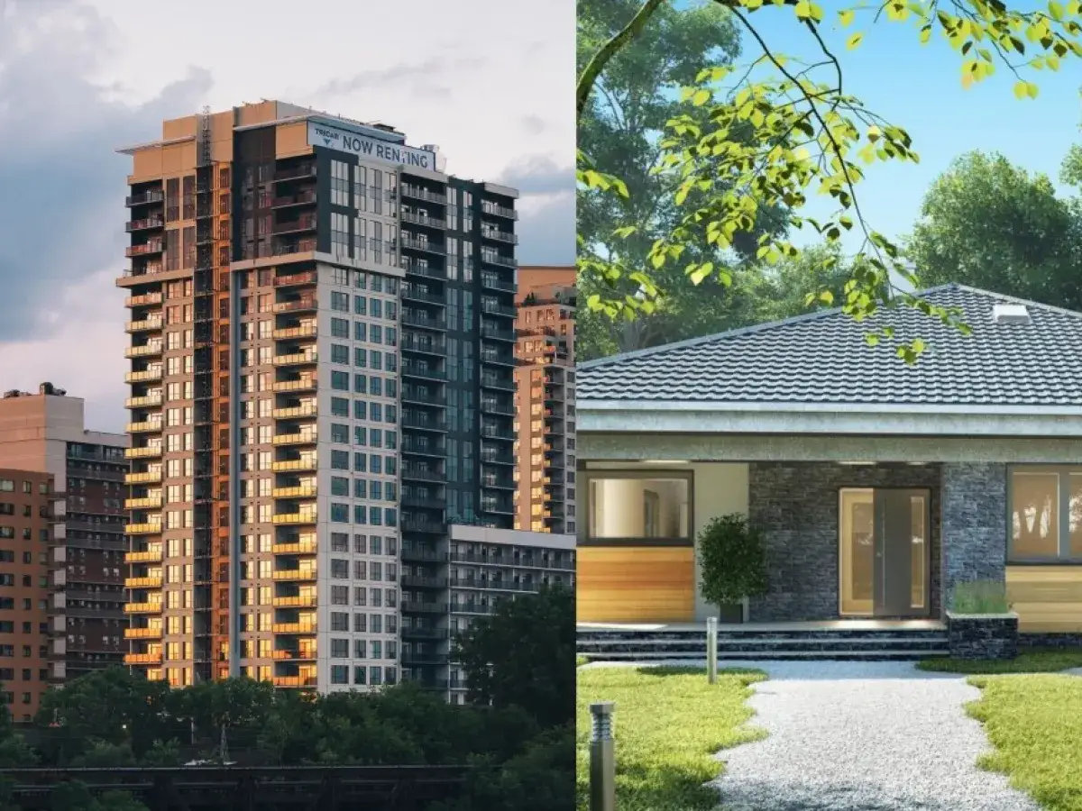 Mieszkanie na start czy budowa domu? Wysoki blok mieszkalny kontra przytulny dom jednorodzinny.