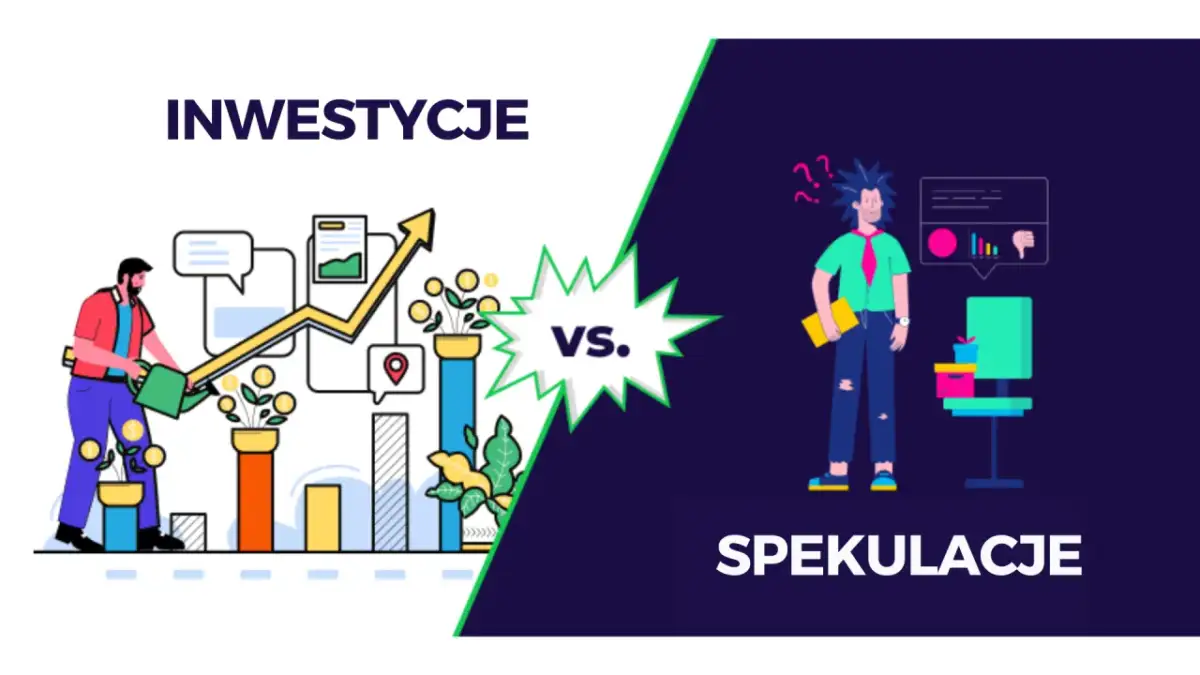 Ilustracja porównuje inwestycje, gdzie człowiek podlewa rosnące pieniądze, ze spekulacjami, gdzie inny człowiek jest zagubiony.