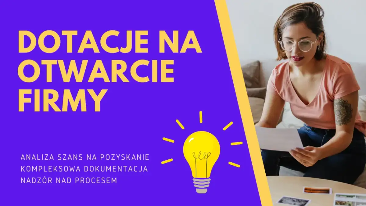 Kobieta analizuje dokumenty, szukając informacji, jak uzyskac dofinansowanie na otwarcie dzialalnosci. Żółta żarówka symbolizuje pomysł.
