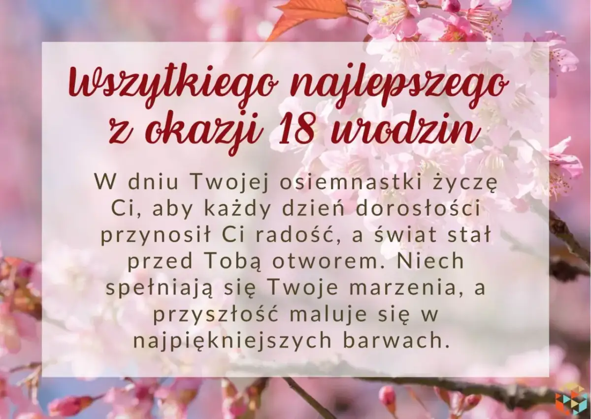 Różowe kwiaty wiśni na tle, z napisem "Wszystkiego najlepszego z okazji 18 urodzin".
