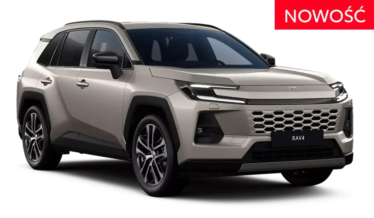 Nowy Toyota RAV4 w kolorze beżowym, z napisem "NOWOŚĆ" na czerwonym tle.