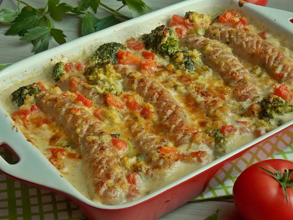 Biała kiełbasa w sosie musztardowym z brokułami i papryką, zapieczona pod serem. Pyszne danie obiadowe.