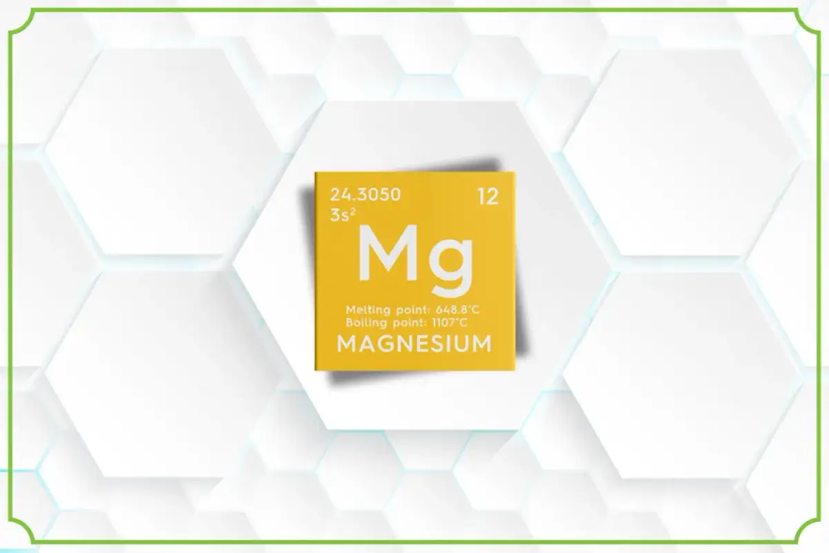 Żółta tabliczka z symbolem Mg, informacją o magnezie i jego temperaturach topnienia/wrzenia. Treonian magnezu lek.