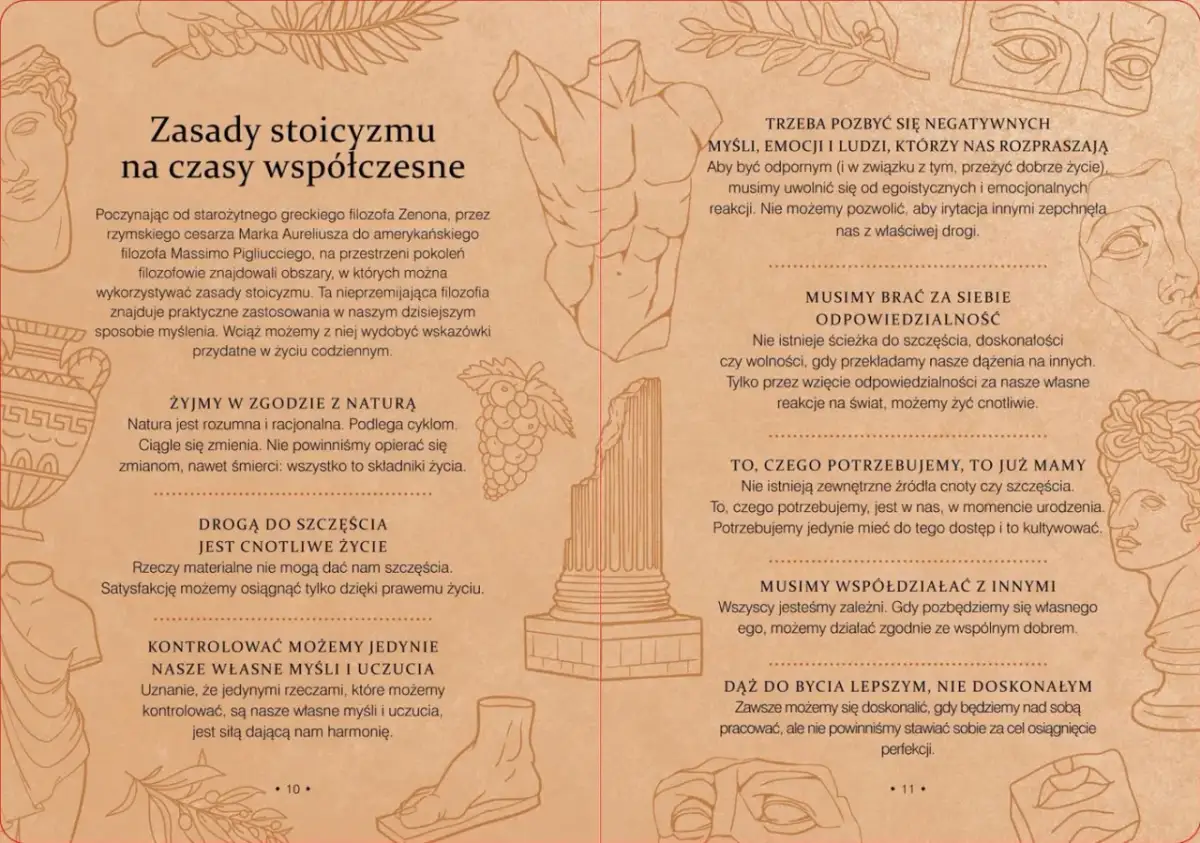 Zasady stoicyzmu w literaturze: filozofia Zenona, Marka Aureliusza i P. Pigliucciego, praktyczne wskazówki na co dzień.