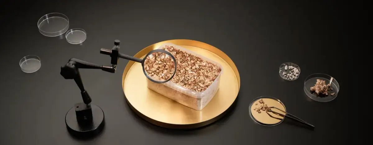 Pojemnik z grzybnią, lupa, szalki Petriego i pęseta na czarnym tle.