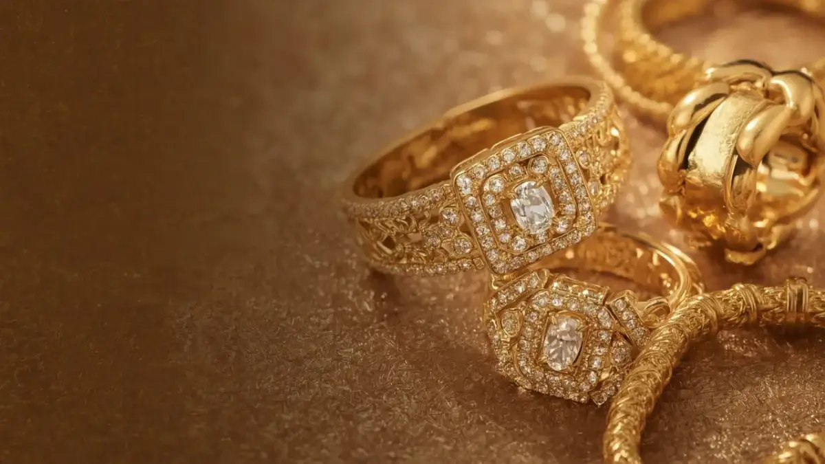 Złota biżuteria z brylantami: dwa pierścionki i bransoleta na złotym tle.