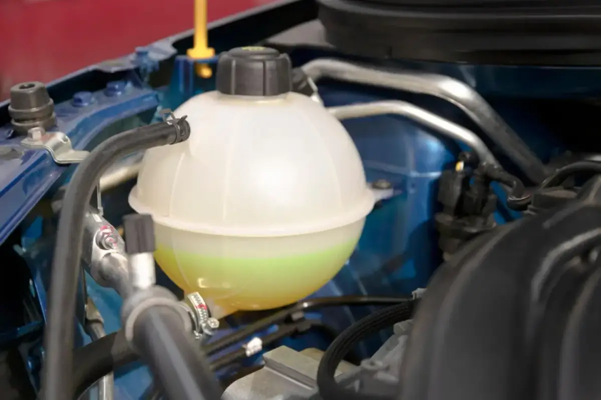 Zbiorniczek płynu chłodniczego w samochodzie z widocznym zielonym płynem.