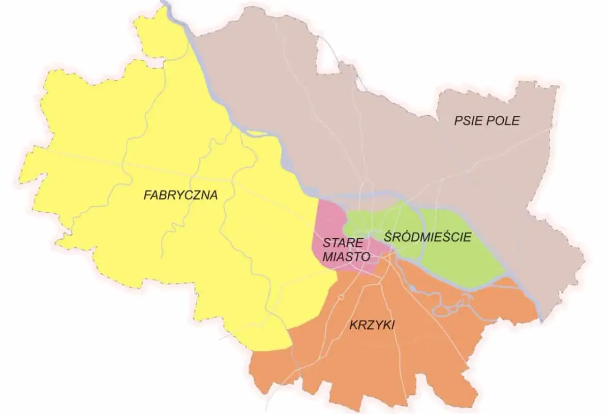 Mapa Wrocławia z zaznaczonymi dzielnicami: Fabryczna, Stare Miasto, Śródmieście, Krzyki, Psie Pole. Jaka to dzielnica Wrocławia?