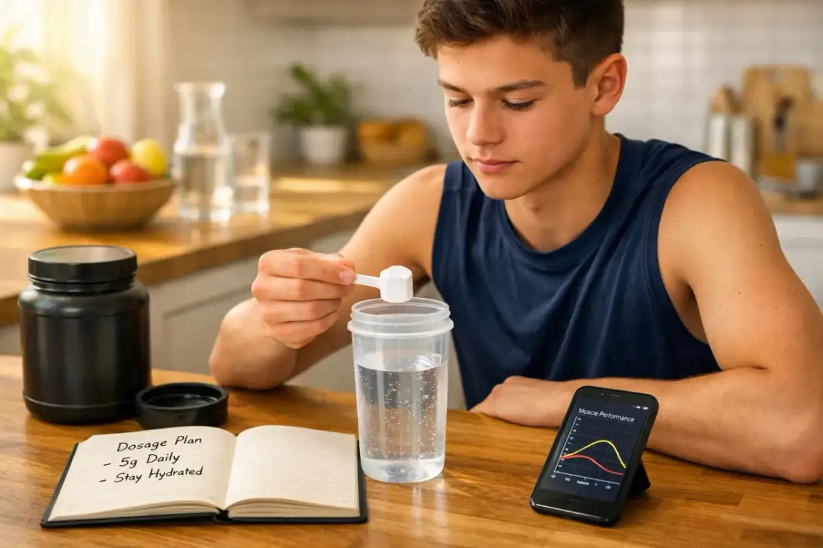 Młody mężczyzna przygotowuje suplement. Czy kreatynę trzeba rozpuszczać w wodzie? Na stole notatnik z planem dawkowania i telefon z wykresem.