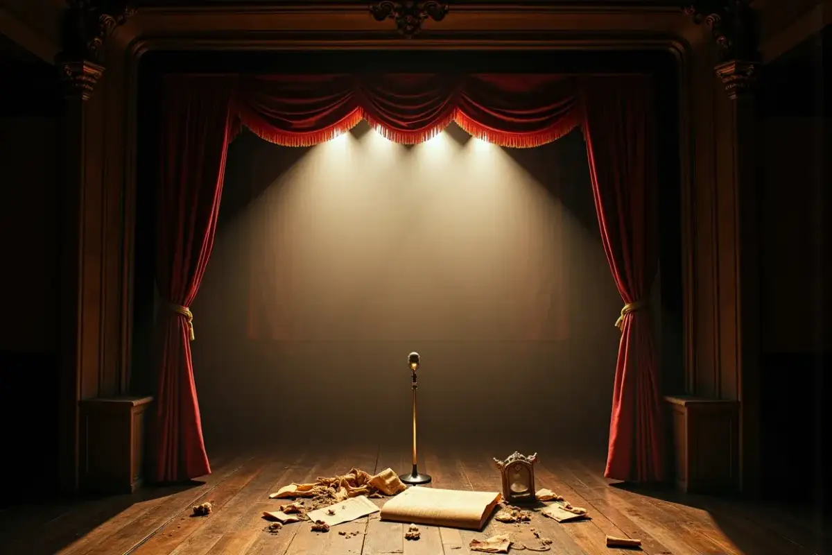 Scena teatralna z mikrofonem i rozrzuconymi kartkami, gotowa na skecze kabaretu moralnego niepokoju.