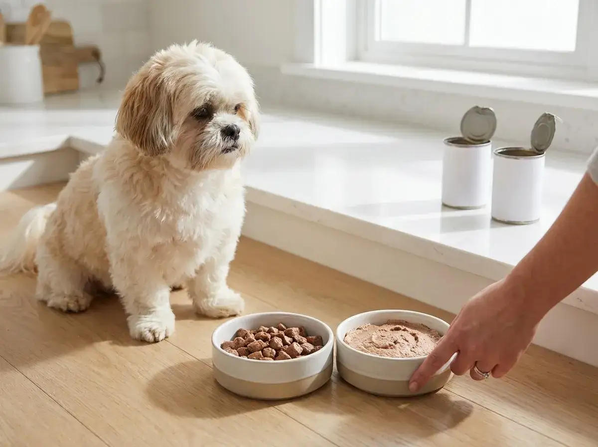 Piesek zastanawia się, czy pies może jeść karmę dla kotów, patrząc na dwie miseczki z jedzeniem.