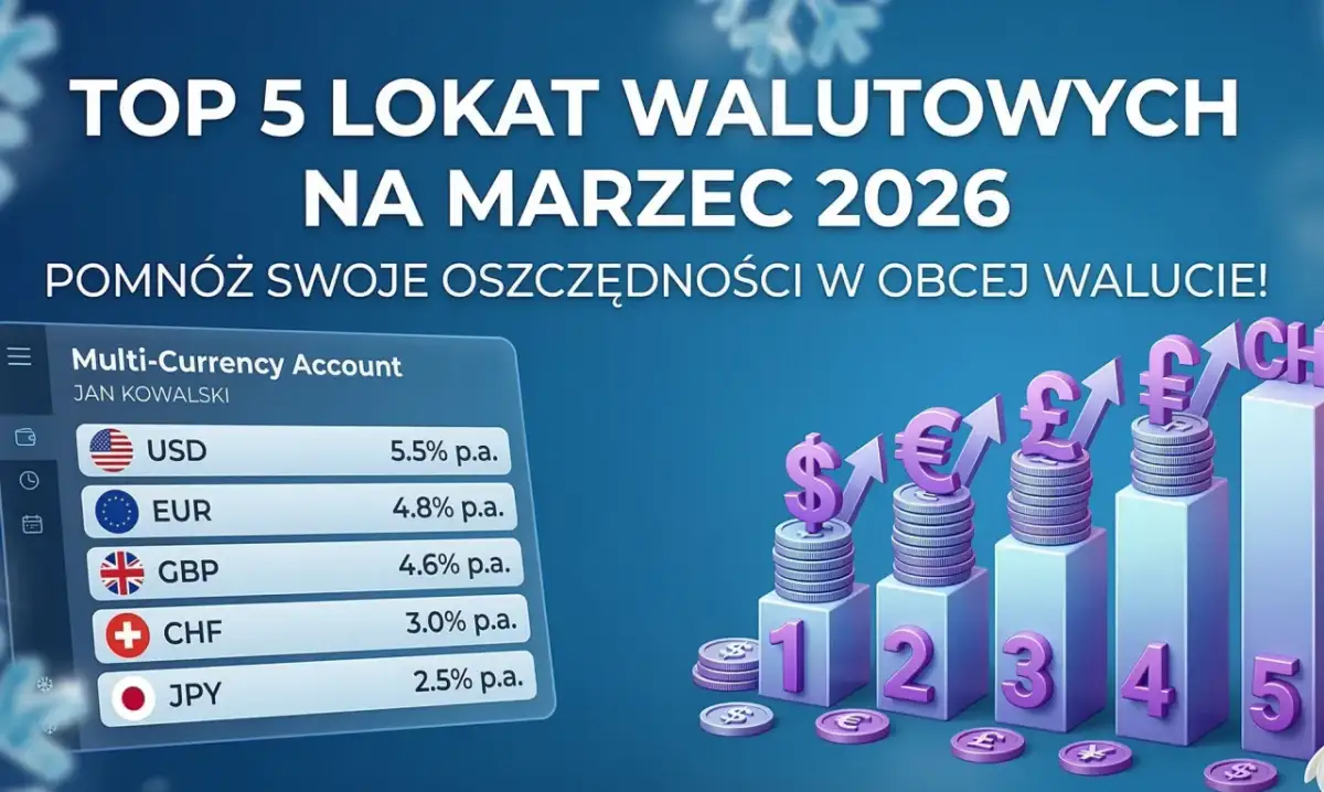 Top 5 lokat walutowych na marzec 2026: USD 5.5%, EUR 4.8%, GBP 4.6%, CHF 3.0%, JPY 2.5% p.a. Sprawdź, jaki procent na lokacie możesz zyskać!