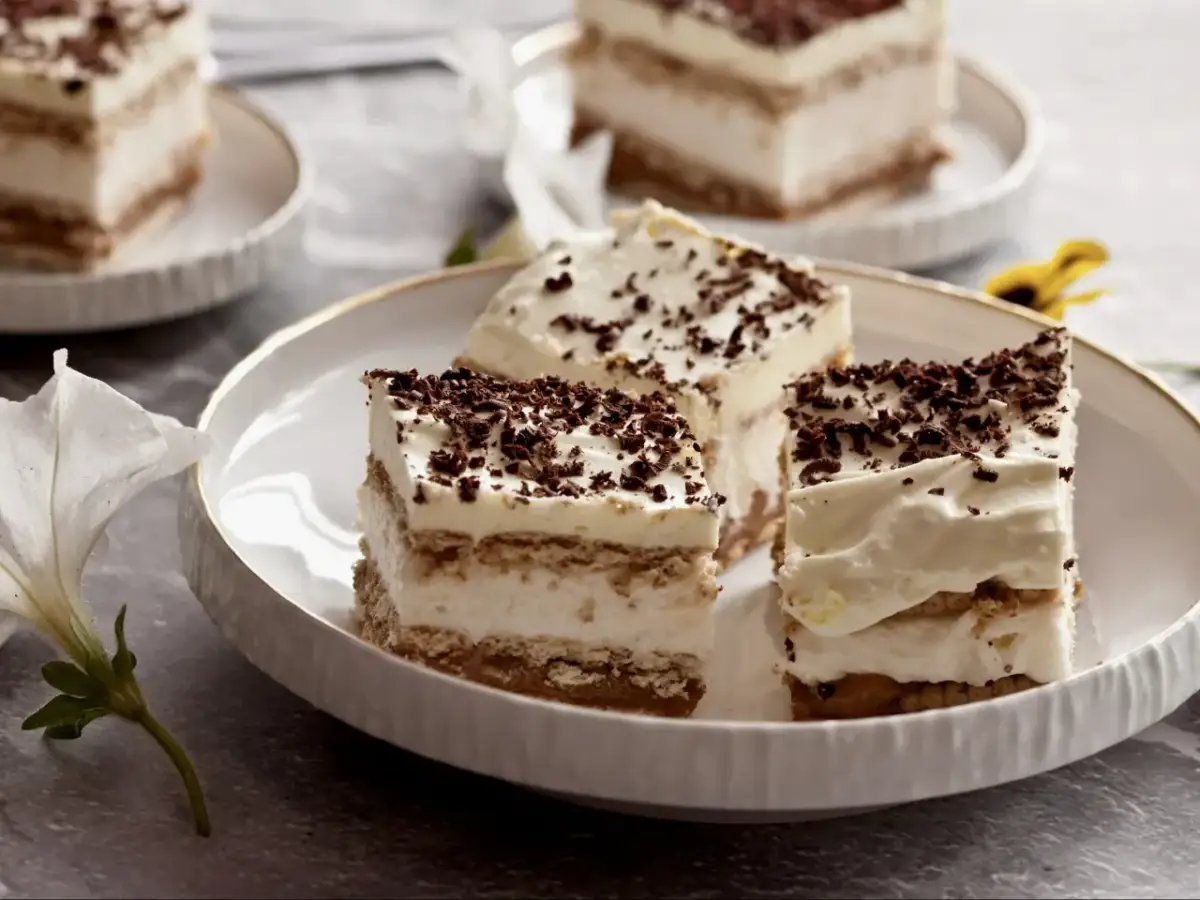 Pyszne ciasto z kremem i czekoladą, idealne na 3 bit przepis. Na talerzu kilka porcji, obok biały kwiat.