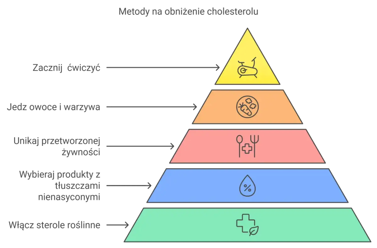 Piramide zdrowego żywienia z ikonami: ćwiczenia, owoce, przetworzona żywność, tłuszcze, sterole roślinne.