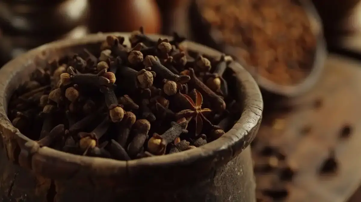 Suszone goździki w drewnianej misie. Uważaj na goździki skutki uboczne, bo mogą być silne.