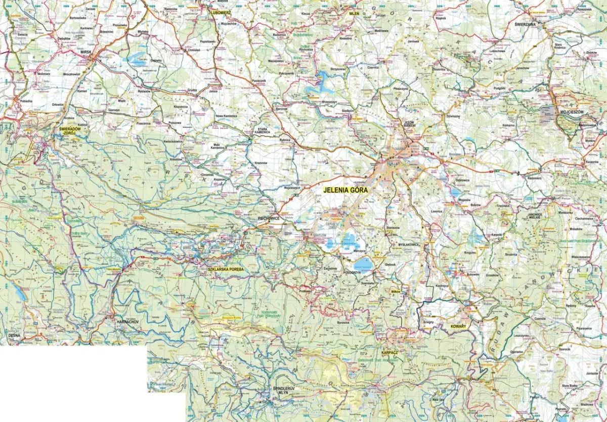 Mapa Gór Izerskich z zaznaczonymi trasami rowerowymi. Widoczne miejscowości: Jelenia Góra, Szklarska Poręba, Karpacz.
