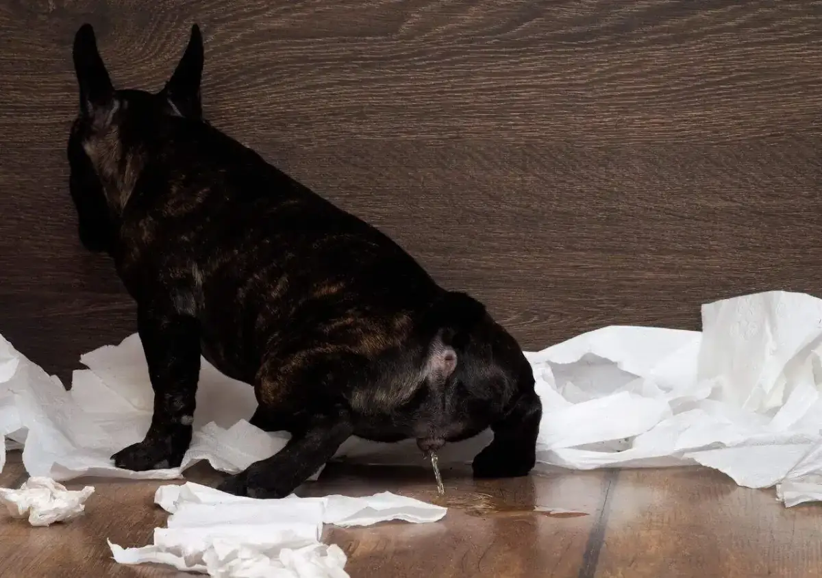 Szczeniak z zapaleniem pęcherza oddaje mocz na podłogę, otoczony papierem toaletowym. Objawy zapalenia pęcherza u szczeniaka mogą być widoczne.