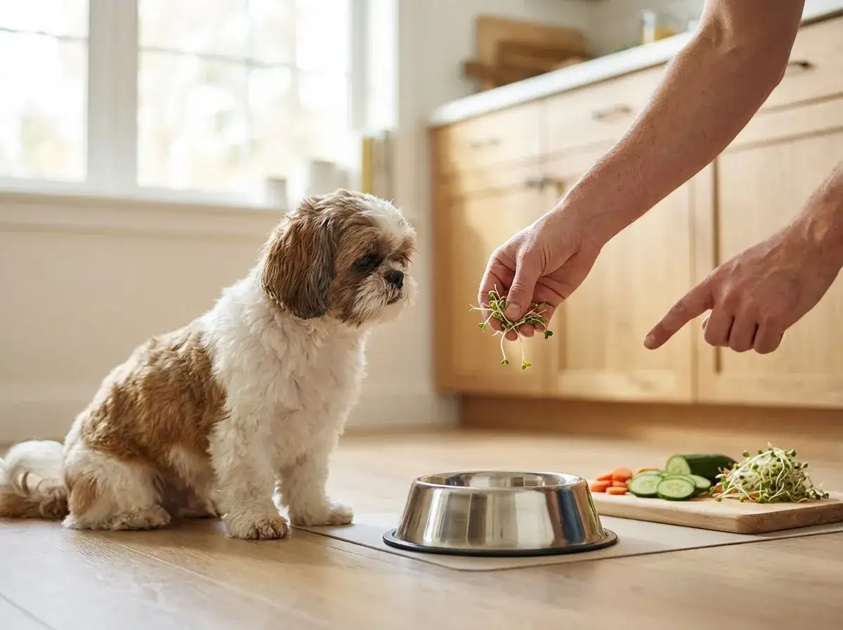 Mały piesek patrzy na rękę, która podaje mu kiełki. Zastanawiasz się, czy pies może jeść agrest?