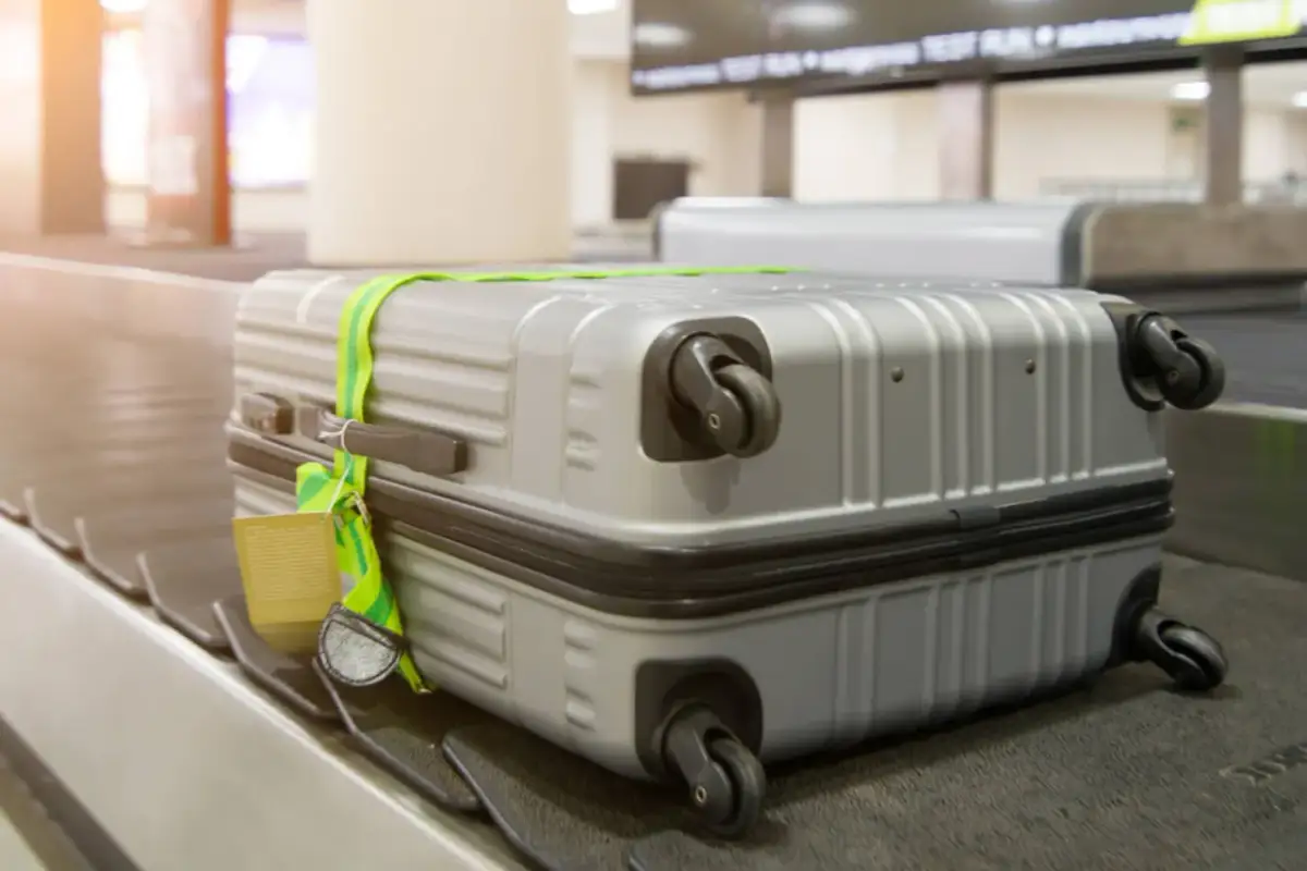 Srebrna walizka z zieloną taśmą na taśmie bagażowej na lotnisku.