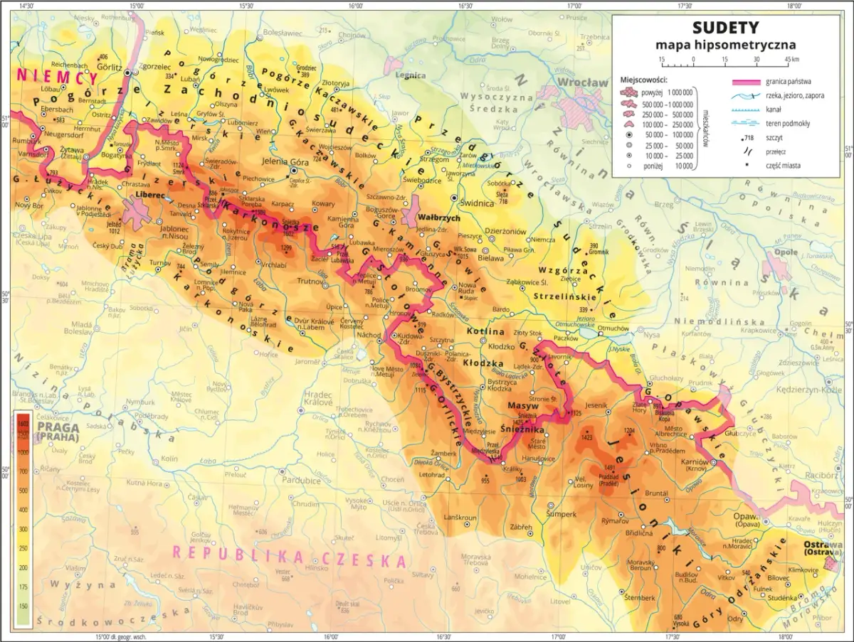Mapa hipsometryczna Sudetów, ukazująca ukształtowanie terenu i rozmieszczenie miejscowości, odzwierciedla procesy geologiczne, które doprowadziły do powstania Sudetów.