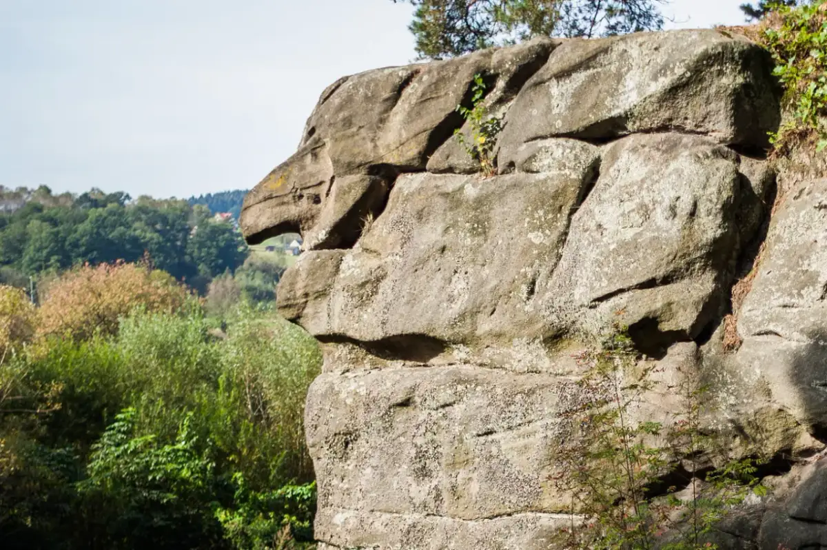 Skamieniałe Miasto, rezerwat przyrody. Zdjęcia skalnych formacji przypominających zwierzęta, na tle zielonych wzgórz i lasów.