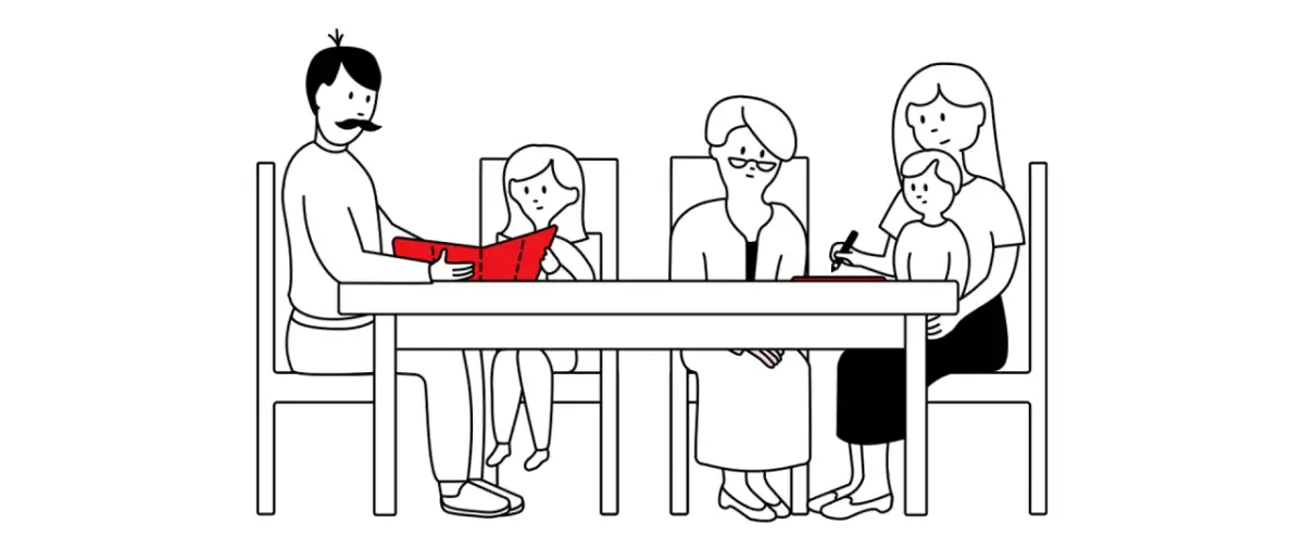 Rodzina przy stole omawia, jak oddać dziecko do ośrodka wychowawczego. Dziecko podpisuje dokumenty.