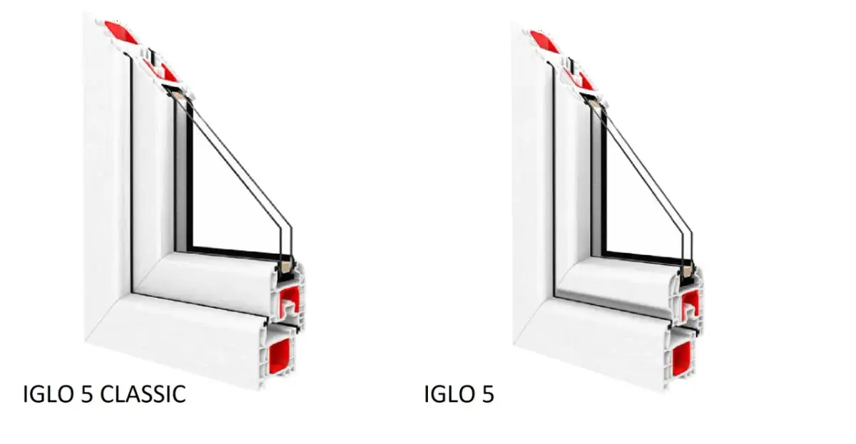 Porównanie profili okien Drutex Iglo 5 Classic i Iglo 5. Widok przekroju profili okiennych.