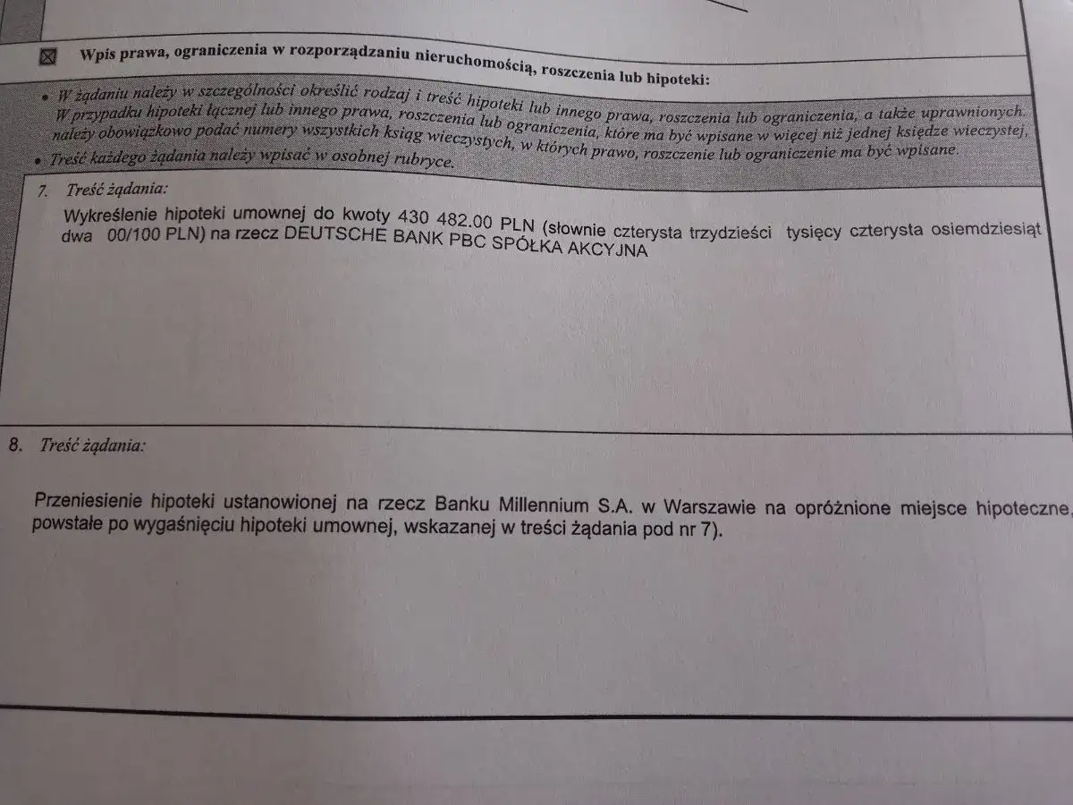 Fragment dokumentu z tekstem dotyczącym wpisu prawa, roszczeń i hipotek.