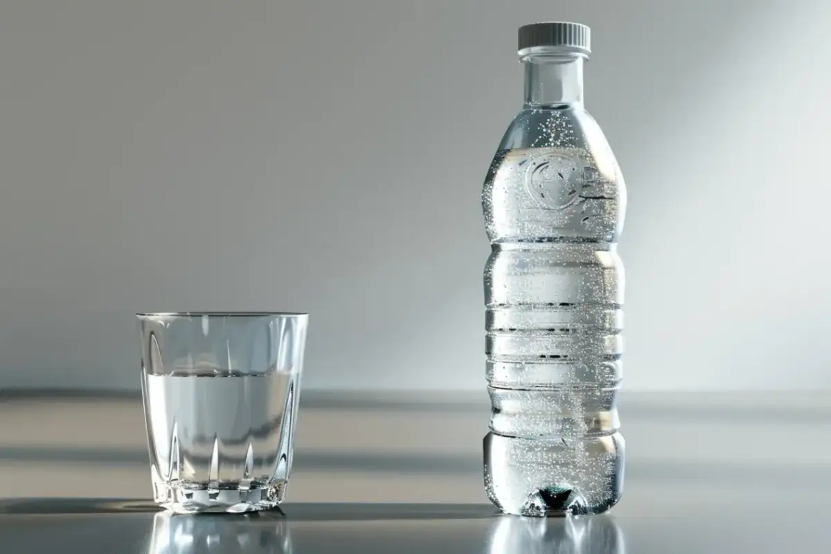 Szklanka i butelka wody. Pij wodę, by wiedzieć, co zrobić, żeby woda zeszła z organizmu.