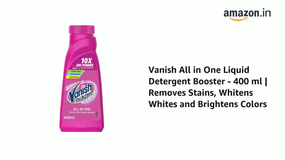 Różowa butelka Vanish Oxi Action z napisem "10X Oxi Power" i logo Amazon.