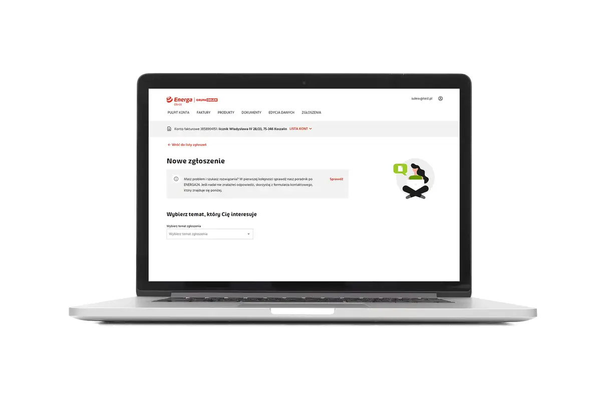 Laptop z otwartą stroną internetową Energa, widok panelu klienta z opcjami zgłoszeń.
