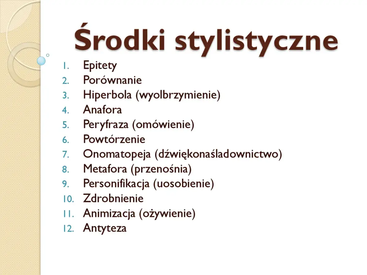 Lista środków stylistycznych: epitety, porównanie, hiperbola, anafora, peryfraza (omówienie), powtórzenie, onomatopeja, metafora, personifikacja, zdrobnienie, animizacja, antyteza.