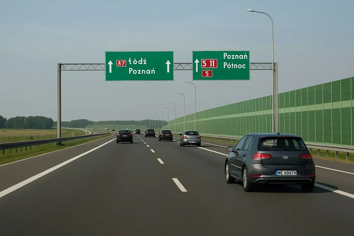 Samochód na długie trasy jedzie autostradą. Znaki wskazują drogę do Łodzi i Poznania.