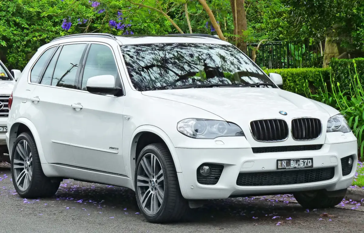 Białe BMW X5 na tle zieleni. Wiele osób szuka bmw x5 opinie przed zakupem.